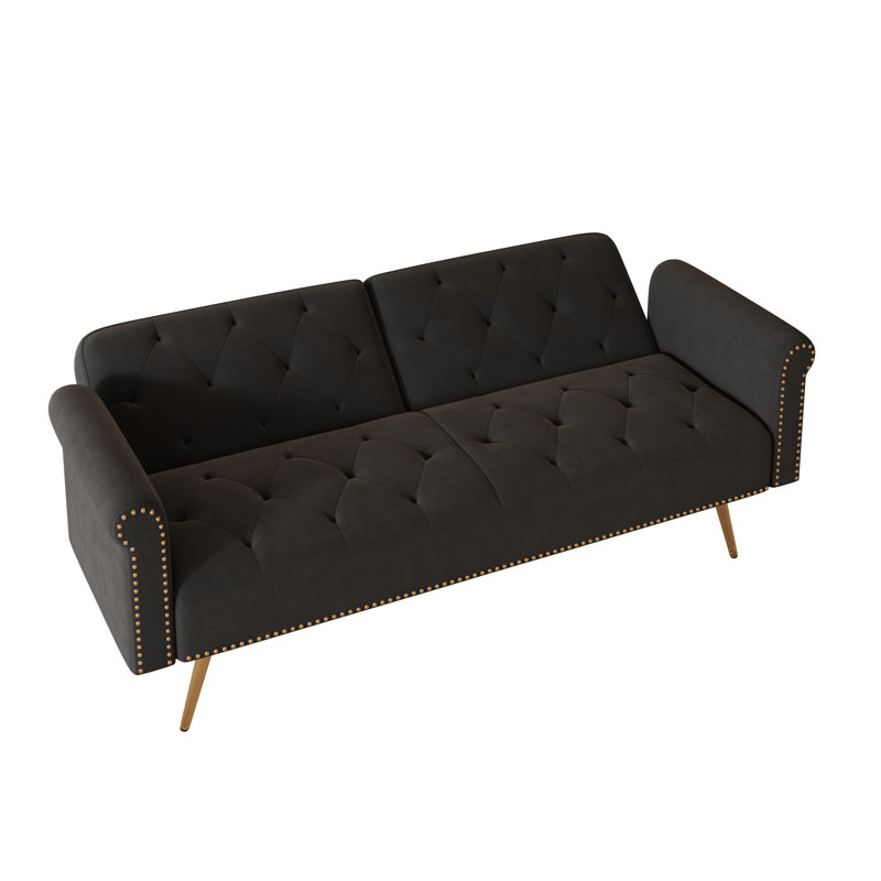 Plush Beige Velvet Convertible Sofa Bed With Decorative Nail Heads, Black