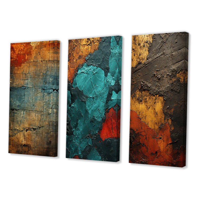 Passage Of Time Vintage Nutshell And Retro Blue - Transitional Art Set Of 3 Pieces, Toile tendue, H 32 po x l 48 po
