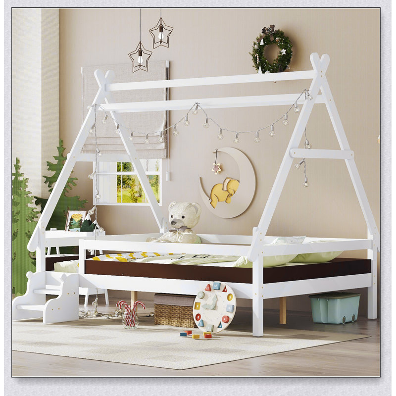 Lit plateforme House avec escalier, structure en bois massif, profil bas et conception amusante pour les chambres d'enfants