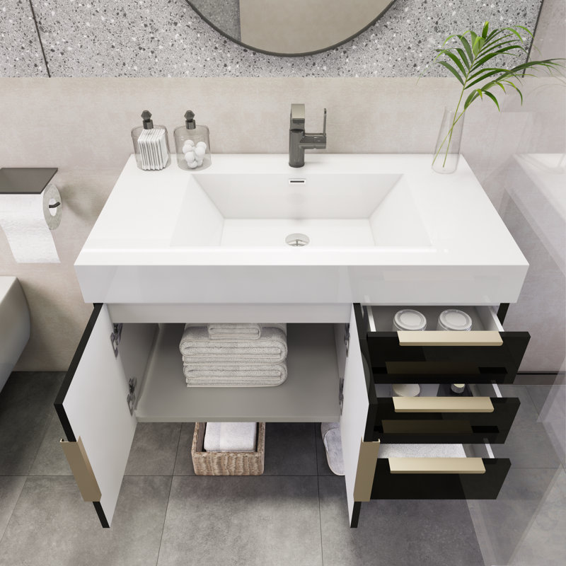Ensemble de meuble-lavabo simple mural 35,4 "Mariyon, Noir très lustré