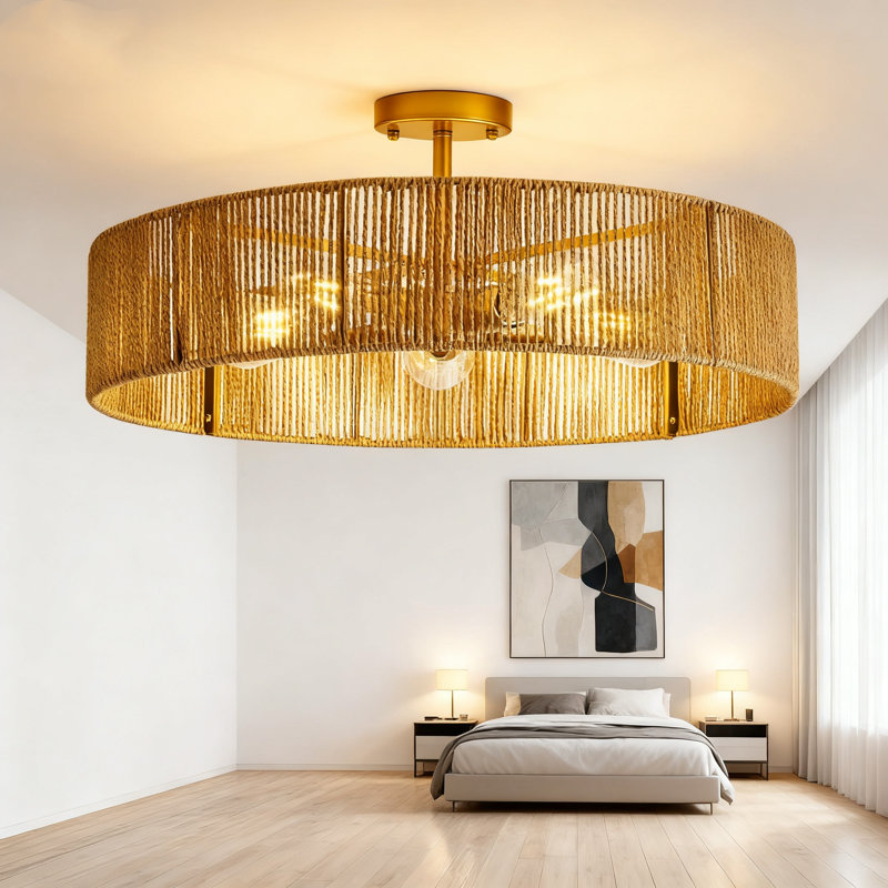 Grand lustre encastré en rotin tissé à la main Boho avec 5 lumières en laiton doré style bohème Boho