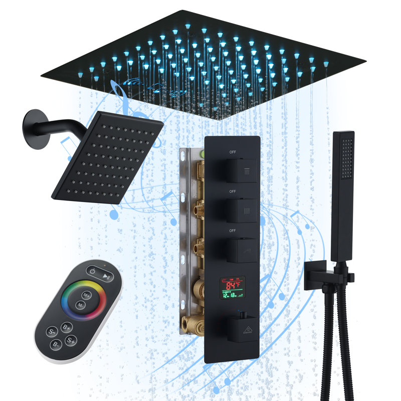 Matte Black 12" LED Rain Shower System with Bluetooth Speaker
