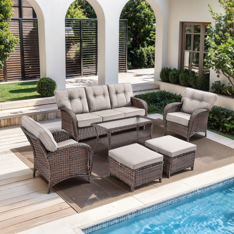 Fiorillo 6-Piece Outdoor Wicker Patio Conversation Set With 5" Thick Cushions And 2 Lounge Chairs, Beige