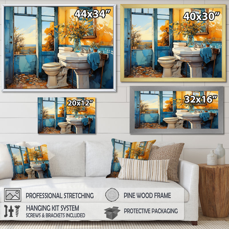 " Bathroom Turquoise Painting I ", 30" H x 40" W x 1.5" D, Black Picture Framed