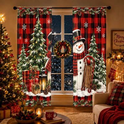 2Pcs Christmas Snowman Buffalo Plaid Curtains Light Filtering Rod Pocket Window Drapes for Living Room Bedroom Kitchen Holiday Decor