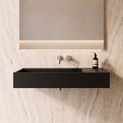 Juniper 36" Rectangular Wall Mounted Bathroom Sink with Left Basin and Counter Space - Black, No Faucet Hole
