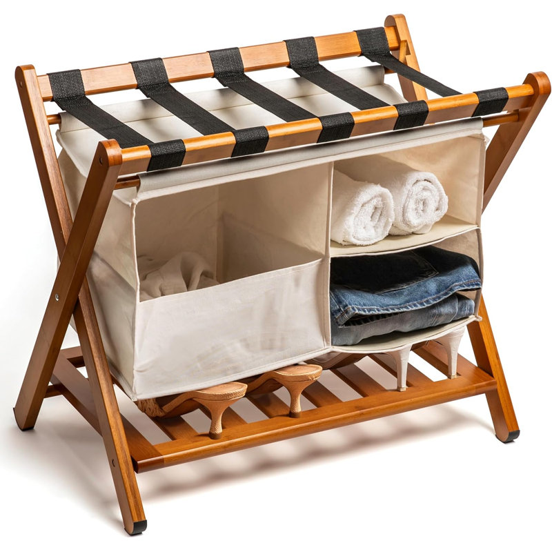 Porte-bagages pliable en noyer et bambou, entièrement assemblé