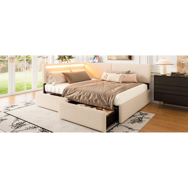 Structure de lit simple tapissier avec tête de lit, 2 tiroirs de rangement, DEL, charge, structure en bois massif, sans sommier, beige, sièges confortables, capitonnage d'inspiration Mid-Century, capacité de 1 200 lb