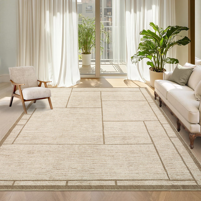 Tapis géométrique lavable pour le salon et la chambre à coucher, Beige, Rectangle 10' x 13'