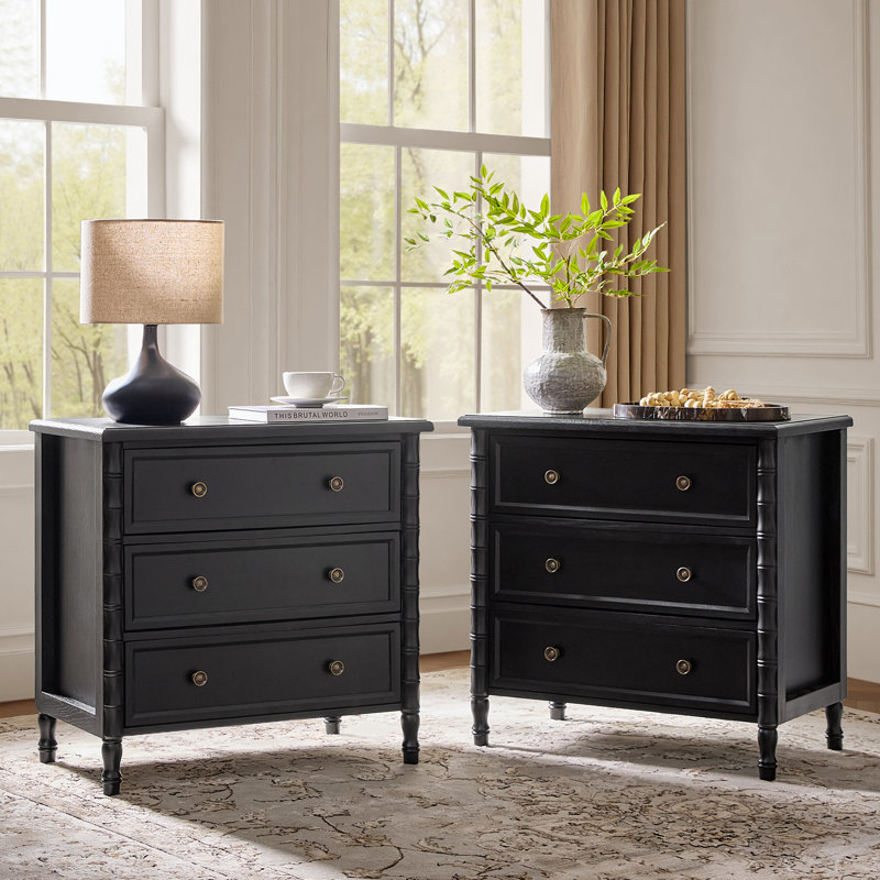 Lucious 3-Drawer Transitional 28''W Curved End Table with Charging Station and Easy Assembly , Black