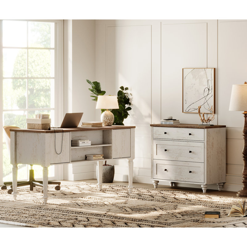 Ensemble de bureau et de commode en bois de style campagnard, commodes pour enfants avec une large commode, organisateur de rangement de garde-robe moderne en bois de style Mid-Century, bureau d'écriture pour bureau à domicile et salon, blanc rustique