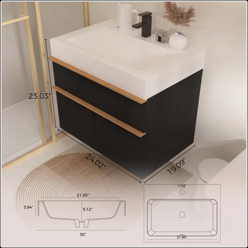 Meuble-lavabo mural VELA avec lavabo en acrylique intégré, 2 tiroirs à fermeture en douceur, armoire flottante pré-assemblée et moderne