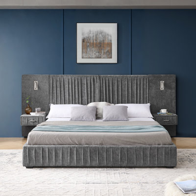 Structure de lit rembourrée avec tissu en chenille avec motif plissé