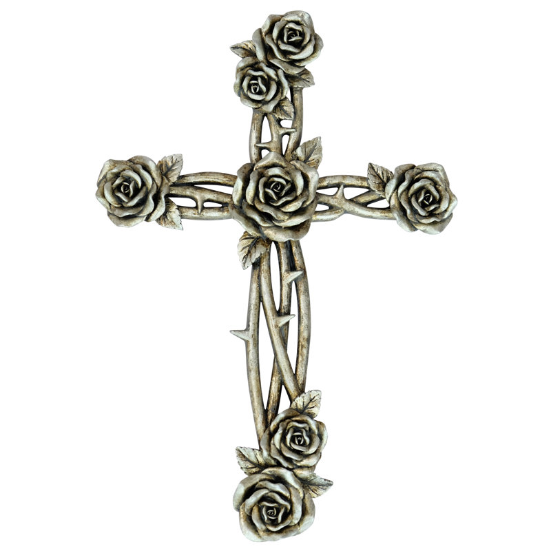 Polyresin Silver Rose and Thorns Hanging Wall Cross Décor