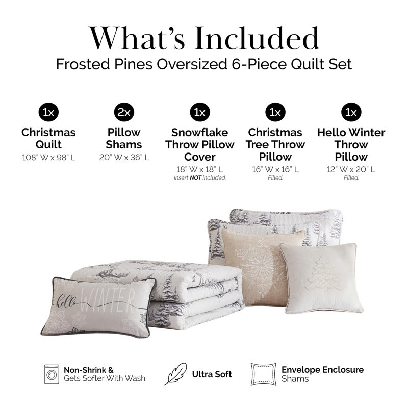 Southshore Fine Linens Frosted Pines Reversible Quilt Bedding Set, 110 GSM Double-Brushed Microfiber, 6-Piece with Accent Pillows, King / California King
