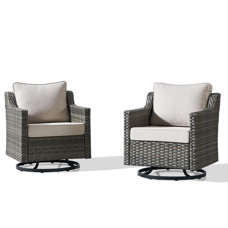 Gray Wicker Outdoor Rocking Chair, Patio Swivel Gliders With Beige Cushions For Porch Or Balcony (2-Pack), Beige