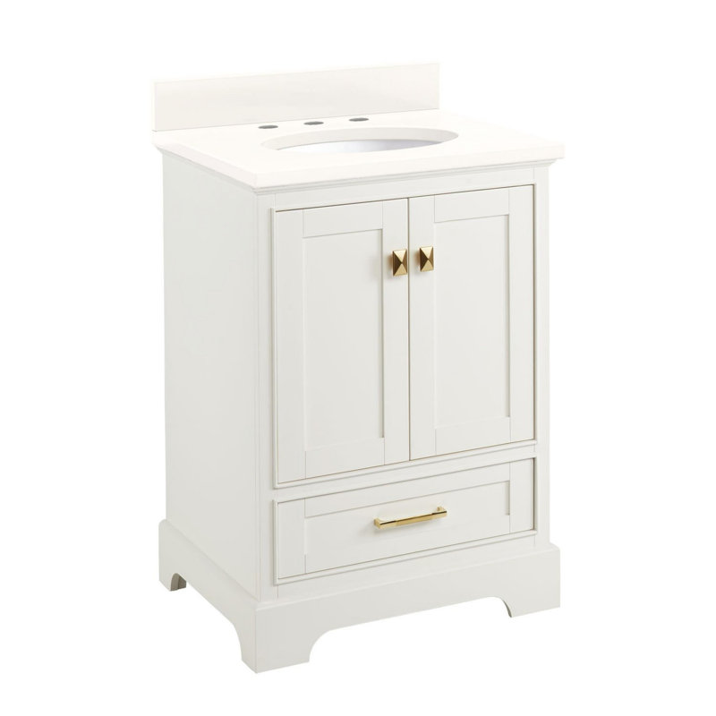 Quen 24" Freestanding Single Basin Vanity Set with Cabinet, Vanity Top, and Oval Undermount Sink, Arctic White Quartz