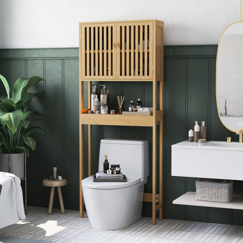 Over Toilet Cabinet For Bathroom Storage - Spacious Organizer With Slatted Doors And Adjustable Shelves Space Shelf Unit