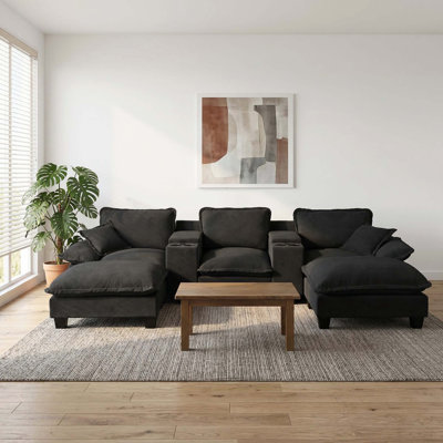 Black Modular Cloud U-Shaped Sailboat Sofa, With Cup Holders, Storage, USB Port, 2 Ottomans & 2 Pillows, Chenille Fabric For Apartment & Living Room