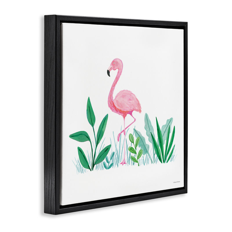 «Summer Flamingo & Fronds» par Susan Ball, Cadre flottant noir de jais, H 25 po x l 25 po
