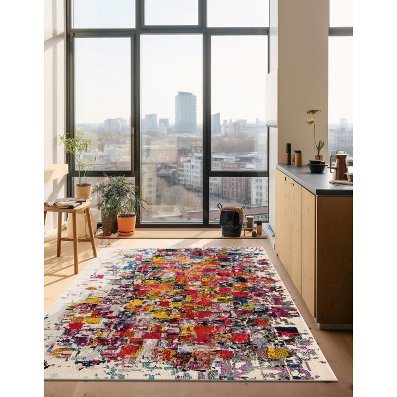 Tapis abstrait rouge / jaune / bleu Rizer, Rectangulaire 7 pi 1 po x 10 pi