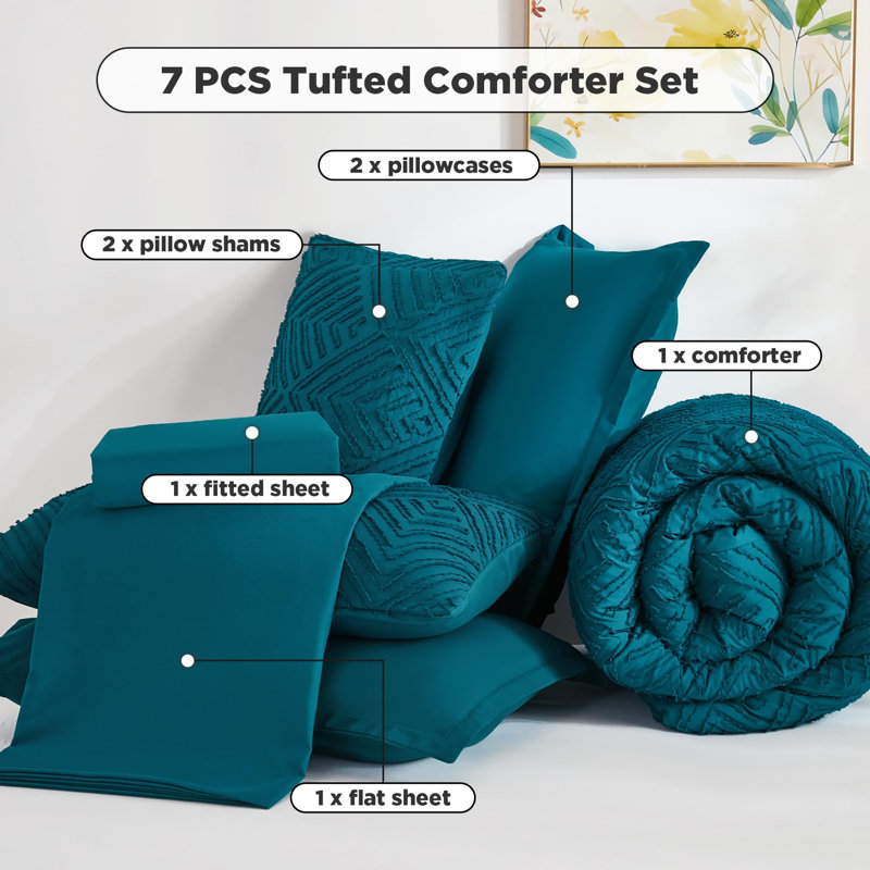 Andency Oversized King Size Comforter Set 7 Pieces Teal - Bed in a Bag Oversized King Boho Lightweight Fluffy Tufted Bedding Sets with Comforter, Sheets, Pillowcases & Shams