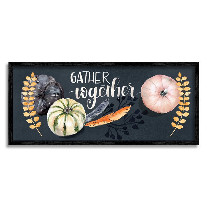 Gather Together Pumpkin Harvest Feathers Deep Blue par - Art textuel, Giclée encadrée noir minuit, H 13 po x l 30 po x P 3 po