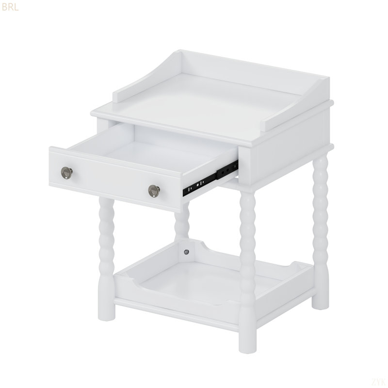 Retro Style Nightstand With Drawer And Open Shelf For Bedroom, Bedside Table With Turned Legs And Metal Handle, White