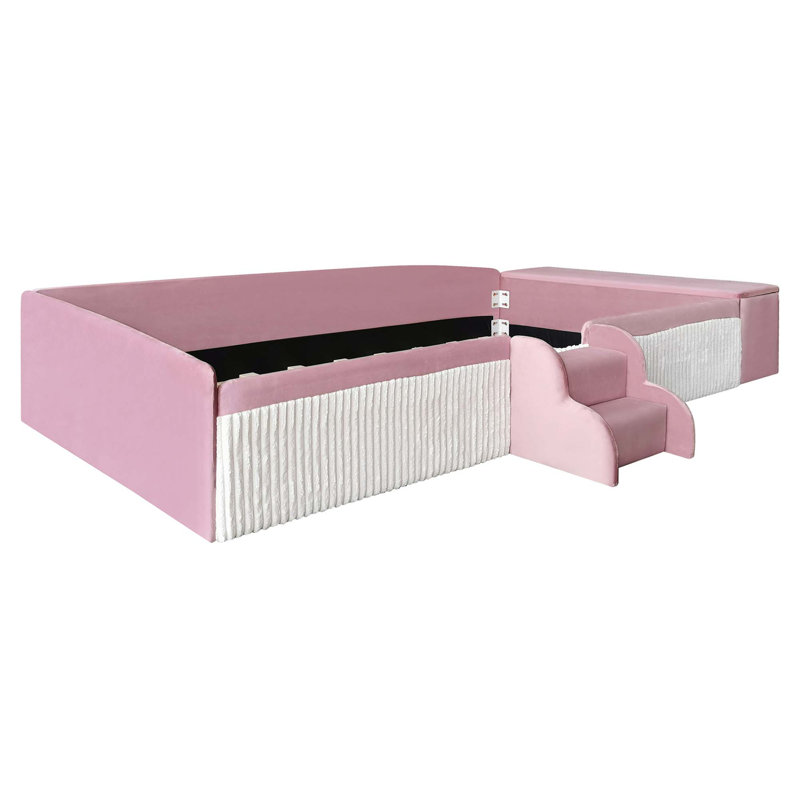 Élégant lit de jour rembourré en velours avec repose-pieds avec rangement à gaz et sécurité, Twin, Rose/Blanc
