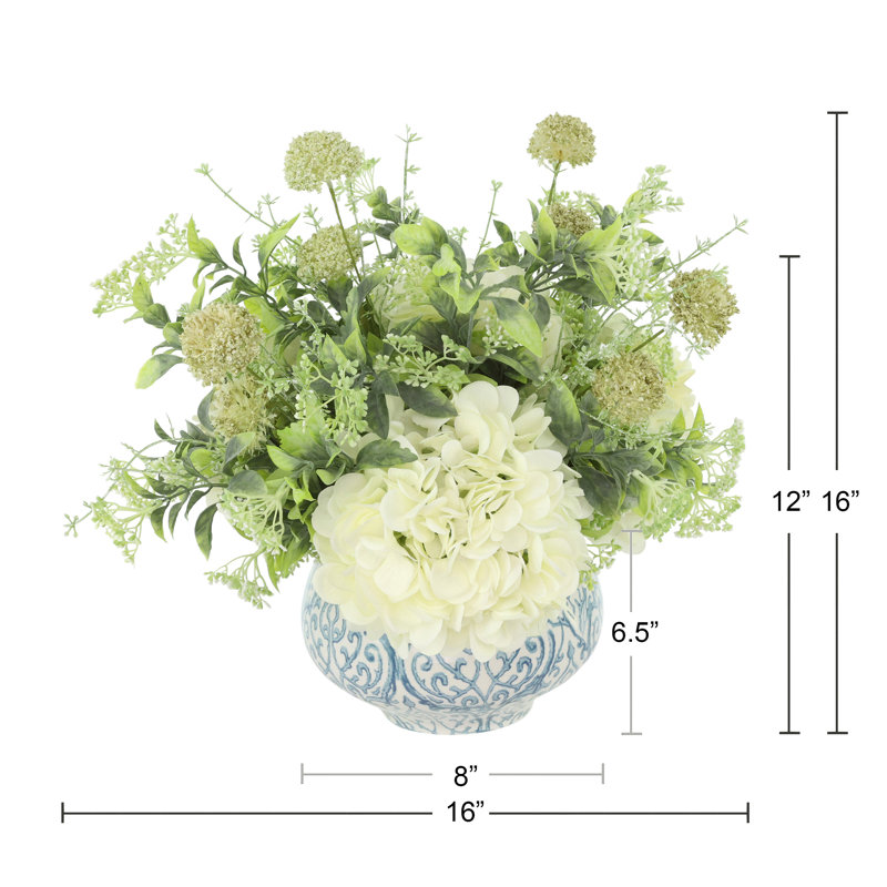 Hydrangea and Eucalyptus Faux Floral Arrangement, 16"H x 19"H x 19"D