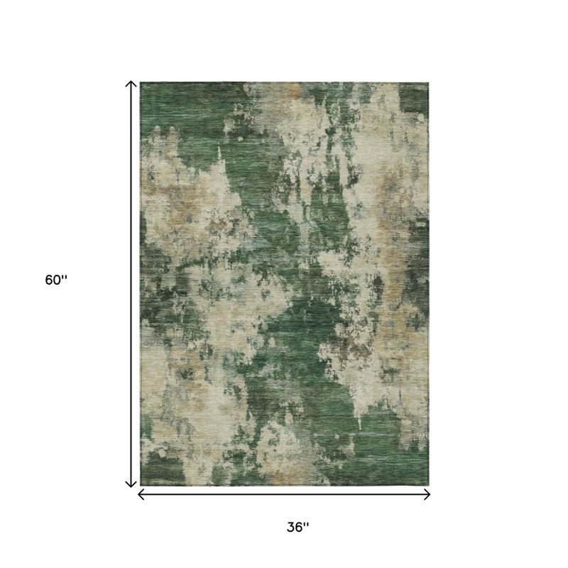 3' X 5' Fern Green And Beige Abstract Washable Indoor Outdoor Area Rug