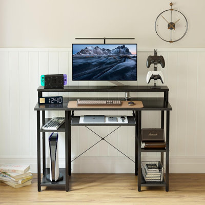 Computer Desk With Keyboard Tray, 47 Inch Office Desk With Monitor Stand And Storage Shelves, Music Studio Desk Workstation, Work Table For Home Office, Black