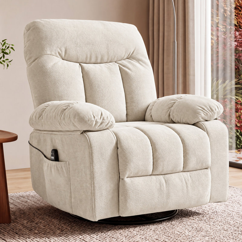 Fauteuil inclinable pivotant à bascule de 92 cm (36,2 po) avec revêtement, fonction massage et chauffage, Beige