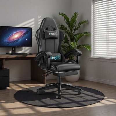 Ergonomic Game Chair with Massage Lumbar Support and Footrest Swivel