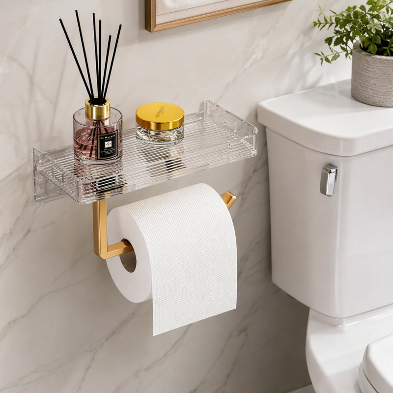 Wall Mounted Toilet Paper Holder with Ribbed Acrylic Shelf, Gold Aluminum Rod Punch-Free Bathroom Tissue Roll Storage Rack for Bathroom Decor