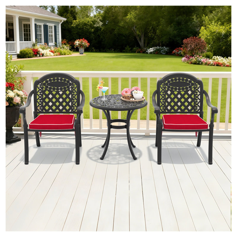 Ensemble de meubles de patio en aluminium coulé 3 pièces avec structure et coussins de siège de couleurs aléatoires