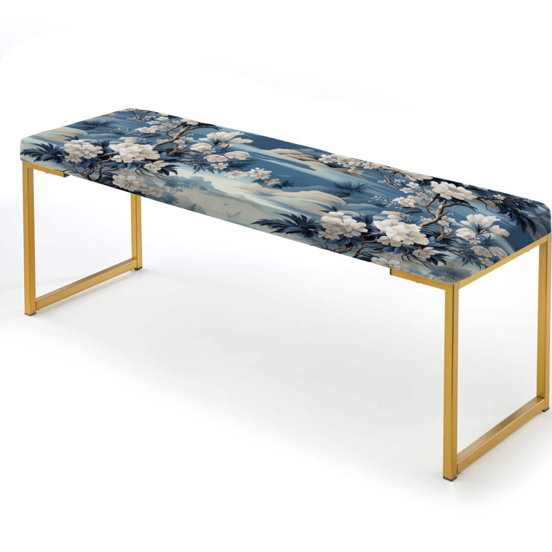 Vintage Toile Blue Floral Landscape - Floral Upholstered Gold Bench