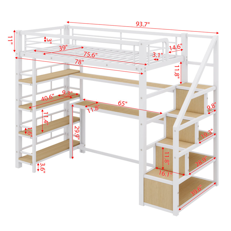 Lit mezzanine avec escalier, bureau intégré et tablettes de rangement