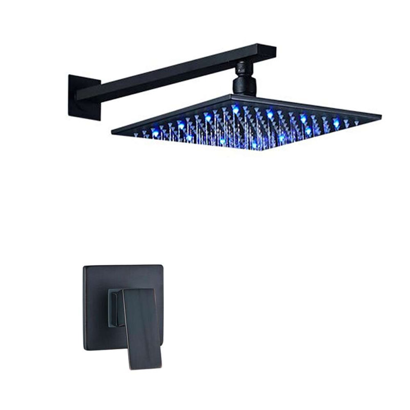 FontanaShowers Matte Black 12" Inch Rain Shower Set with LED Color Wall Mounted Brass Construction Shower Head