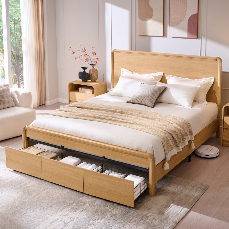 Base de lit très grand Maud avec tête de lit de 50 po de hauteur, cadre de lit plateforme en bois avec pied de lit courbé de 18,86 po et 3 grands tiroirs de rangement, aucun sommier tapissier nécessaire