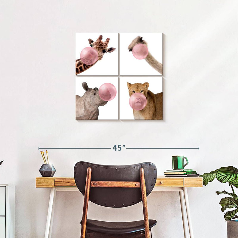 «Funny Animal Wildlife», ensemble de 4 reproductions sur toile 4 pièces par Emma P, H 26 po x l 26 po x P 1,25 po