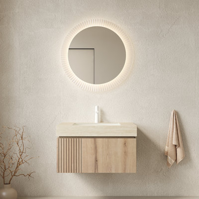 Armoire de rangement flottante en chêne blanc 30 pouces avec plateau en pierre frittée Roma Travertine