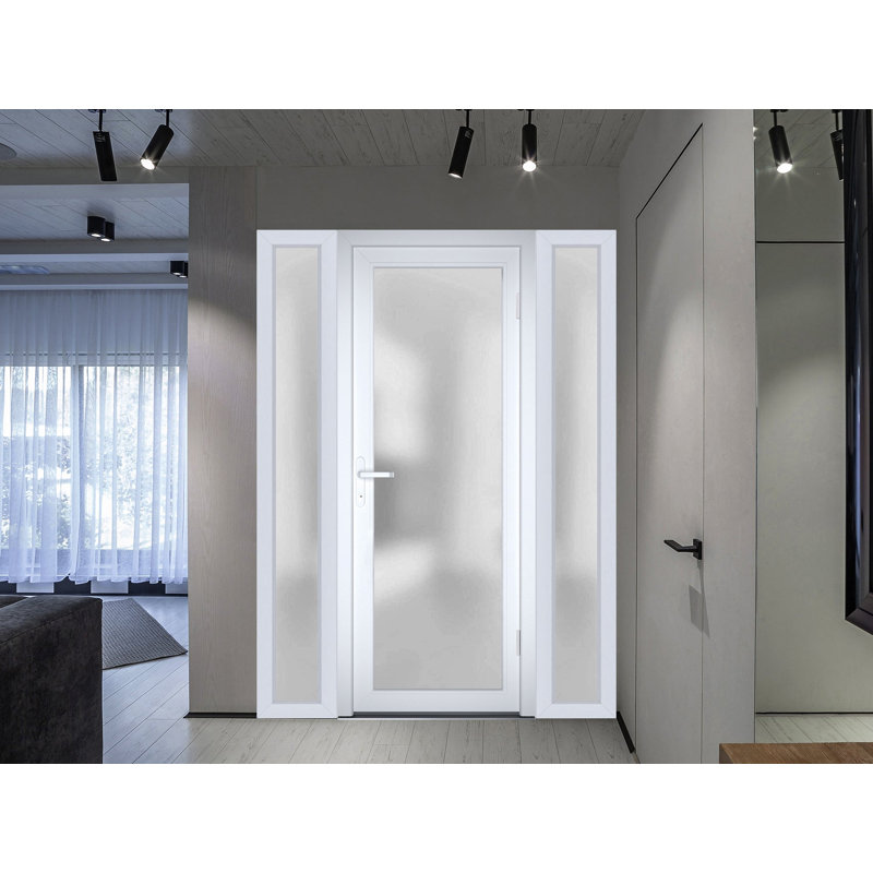 Front Exterior Prehung FiberGlass Door Frosted Glass / Manux 8102 White Silk / 2 Side Exterior Windows / Office Commercial and Residential Doors Entrance Patio Garage-W16+30+14" x H80"-Left-hand Inswing