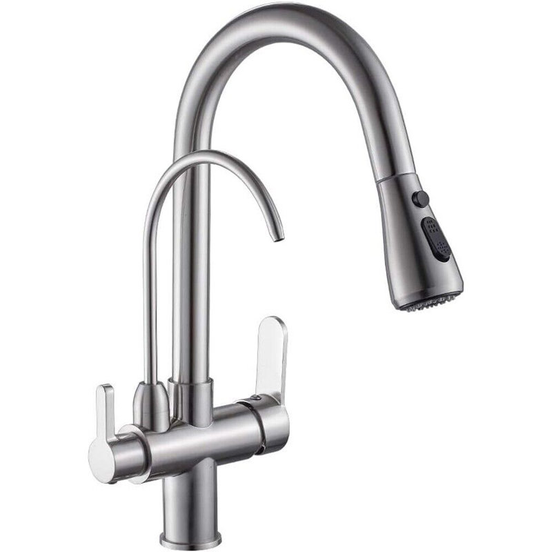 Robinet d'évier de cuisine avec douchette extractible 2 poignées 3 en 1, Nickel brossé