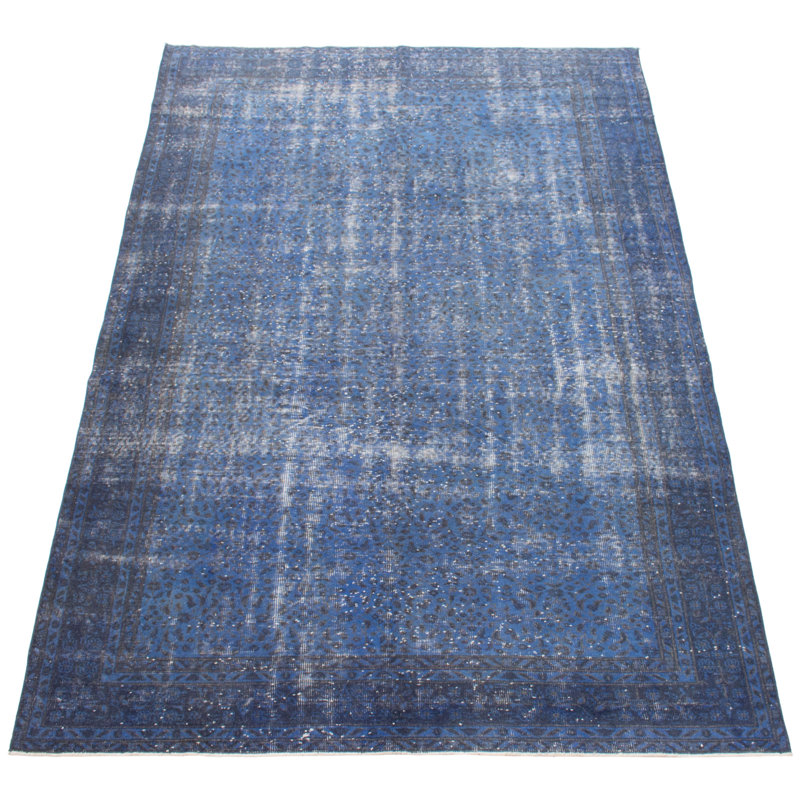 Tapis unique en laine noué à la main bleu marine / noir nouvel âge 6 pi 8 po x 9 pi 11 po Onondaga