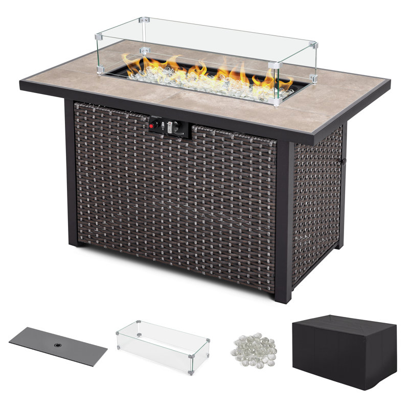 Zalet 25.6'' H x 42.8'' W Propane Outdoor Fire Pit Table with Wind Guard