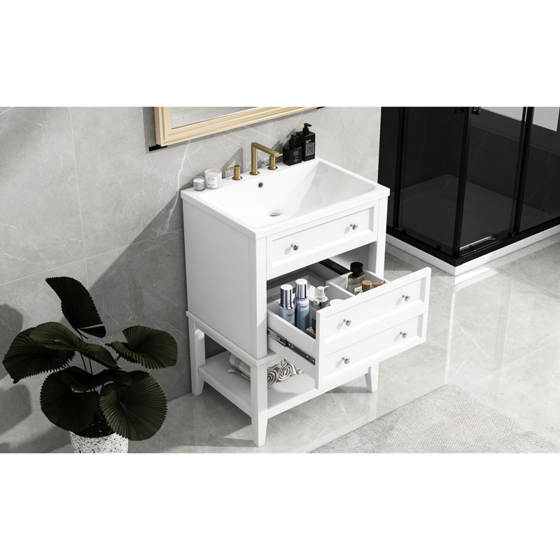 Meuble-lavabo moderne 24 po, lavabo en céramique, tiroir et tablette ouverte en bois massif blanc avec tiroir