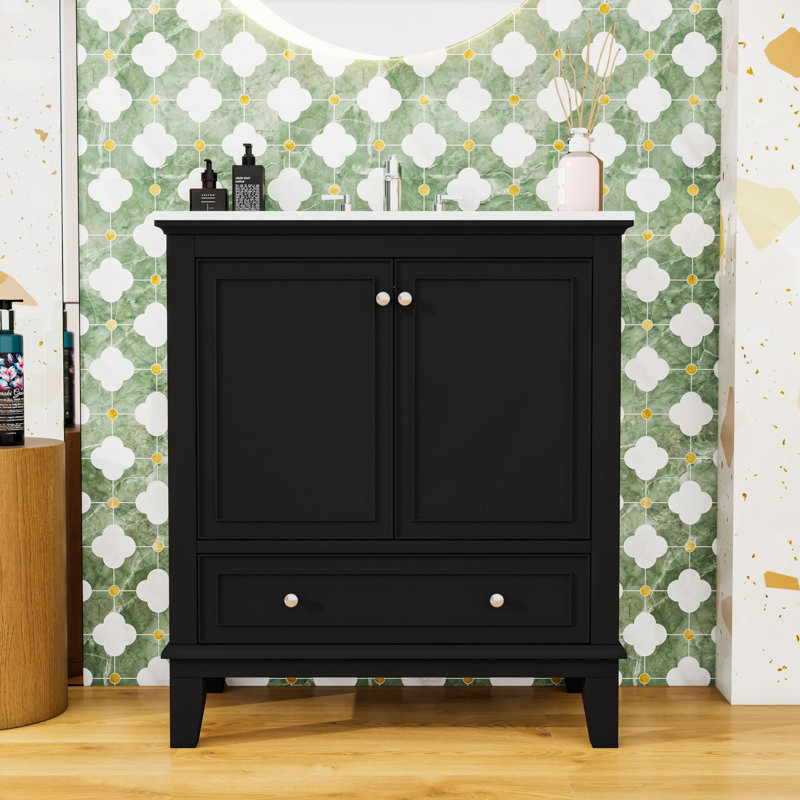 Bathroom Vanity with Ceramic Sink and Drawer, Freestanding Cabinet with Adjustable Shelf