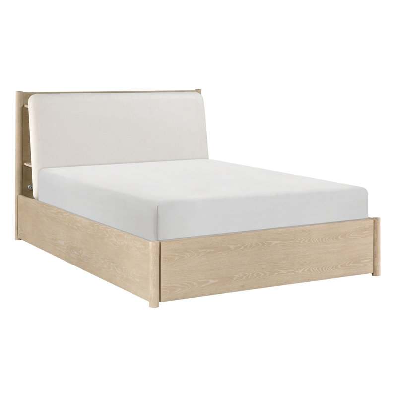 Grand lit plateforme avec tête de lit tapissier et charge, tablettes encastrées, tiroirs, chêne, tissu texturé huître, rangement pour chambre à coucher moderne hypnotisant, ports, contemporain captivant