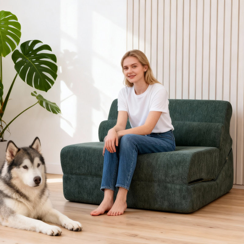 Compressed Sofa Bed - Fold-out Curved Bed Chair One Seater, Green